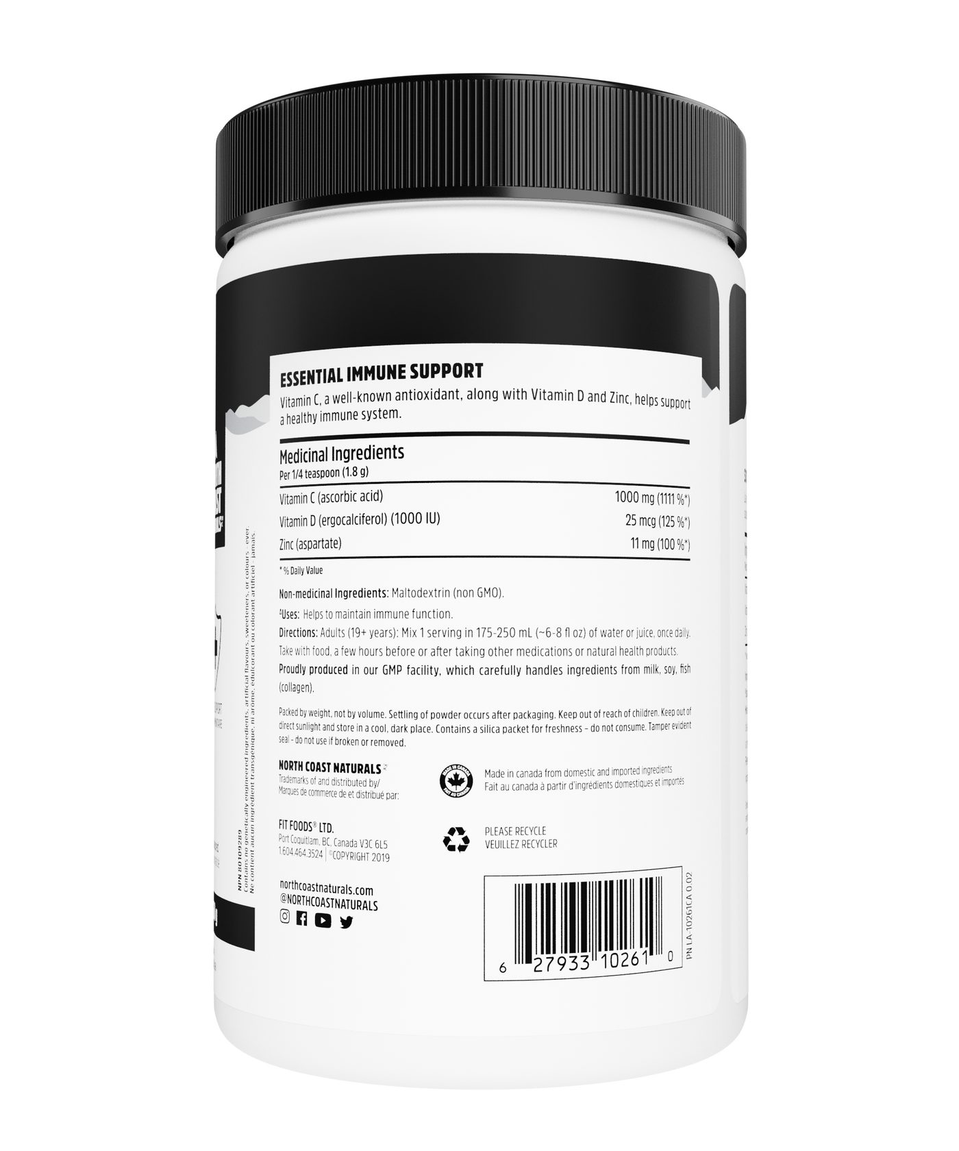 Back label of a supplement container with text and bar code on a white background