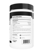 Back label of a supplement container with text and bar code on a white background