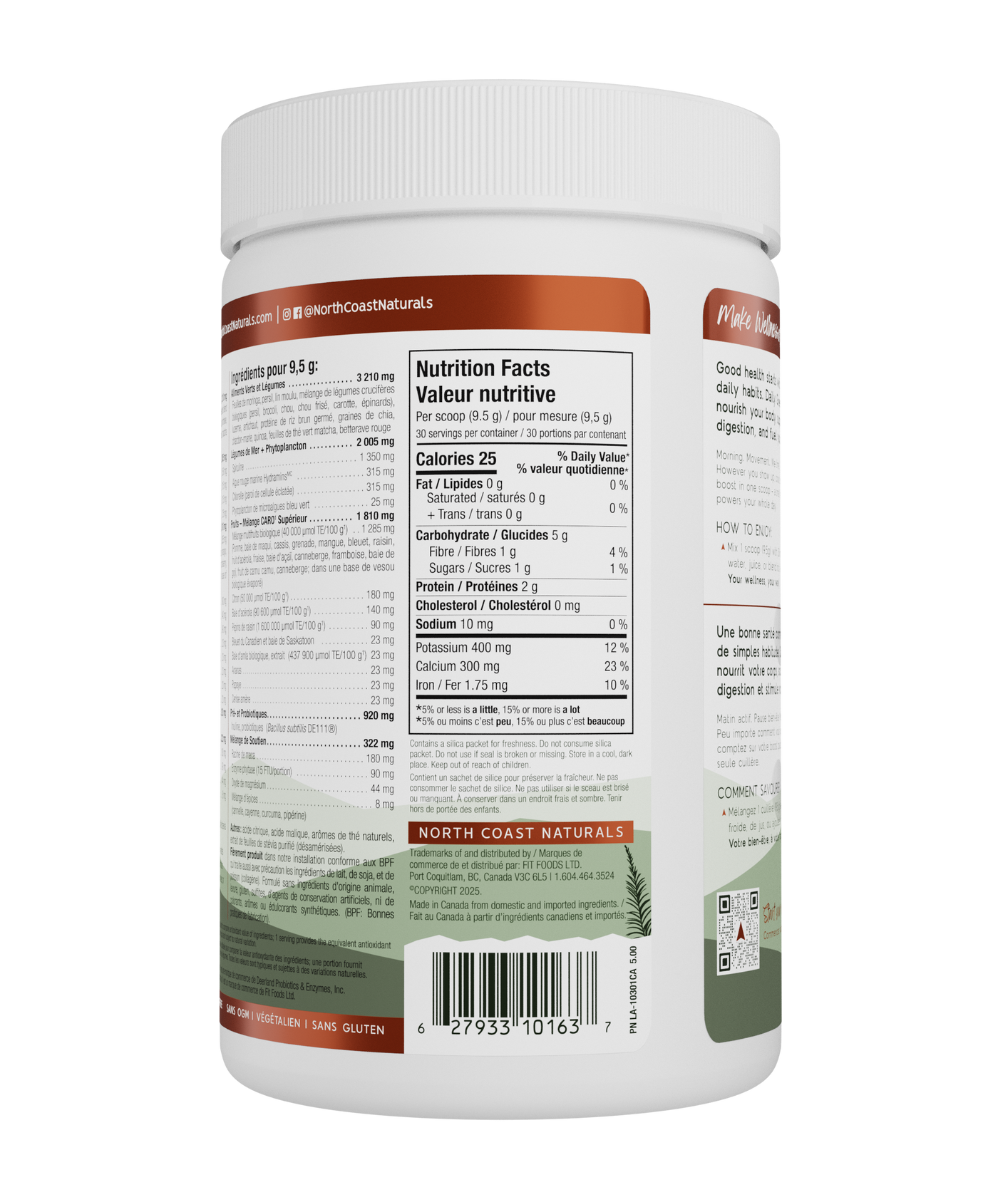 Back label of a supplement container with nutritional information on a white background